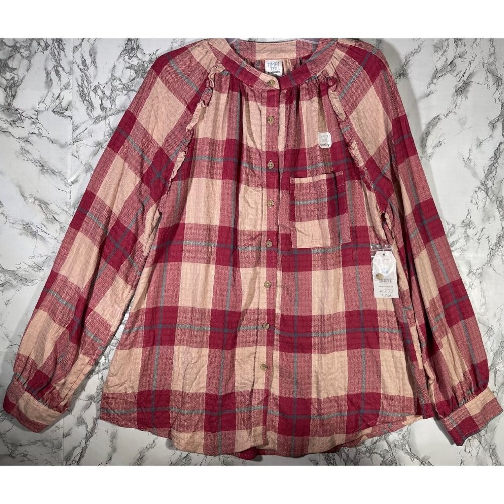 Time And Tru Maternity Pink Plaid Button-Up Top S (4-6) Rayon Blend